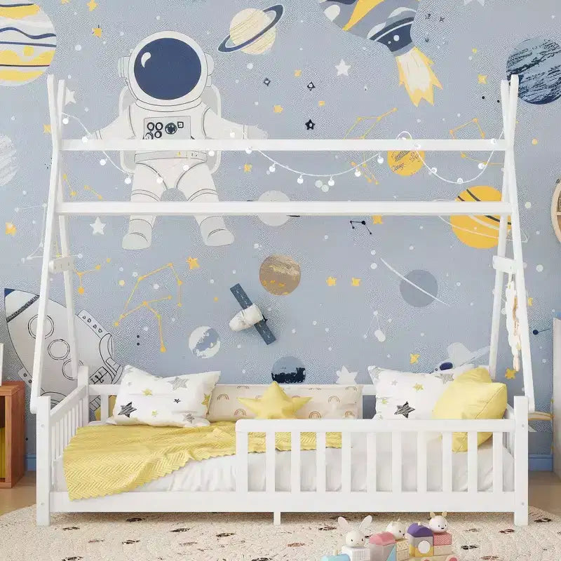 Lit de sol pour tout-petit taille jumeau avec clôture et toit pour enfants, lit Montessori moderne en forme de maison avec lumière pour chambre à coucher