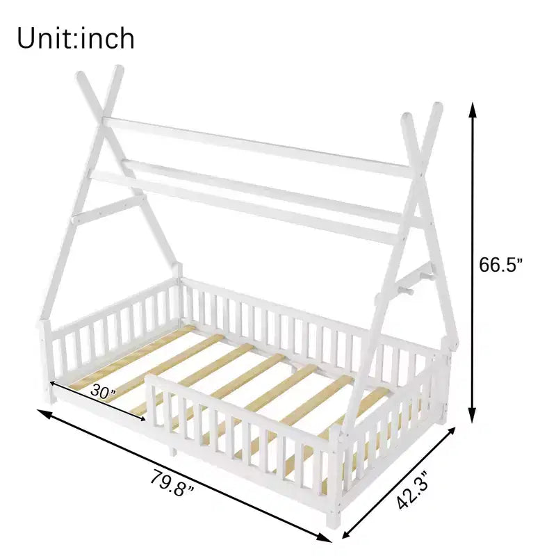Lit de sol pour tout-petit taille jumeau avec clôture et toit pour enfants, lit Montessori moderne en forme de maison avec lumière pour chambre à coucher