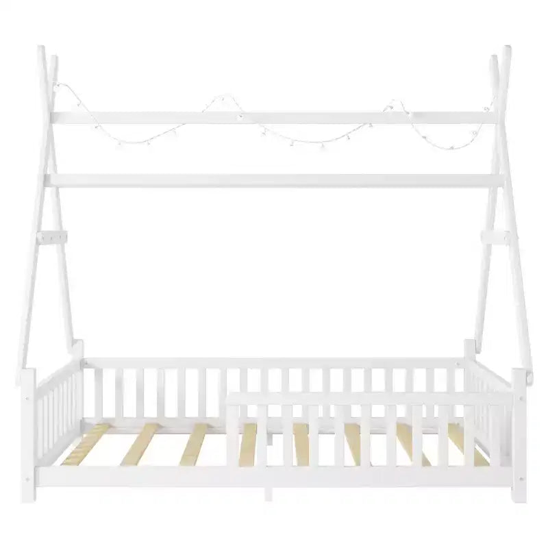 Lit de sol pour tout-petit taille jumeau avec clôture et toit pour enfants, lit Montessori moderne en forme de maison avec lumière pour chambre à coucher
