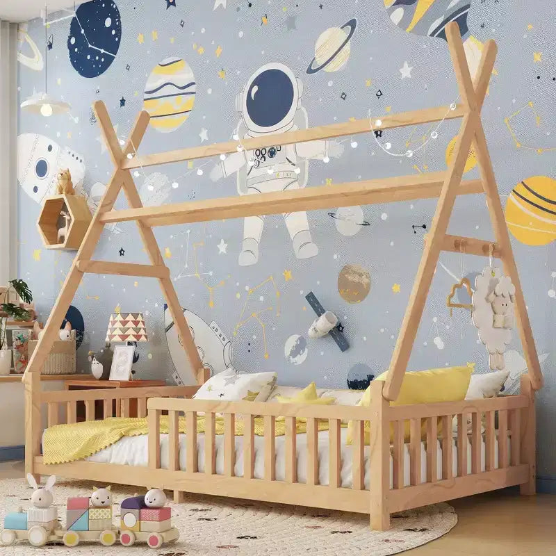 Lit de sol pour tout-petit taille jumeau avec clôture et toit pour enfants, lit Montessori moderne en forme de maison avec lumière pour chambre à coucher