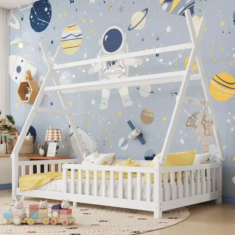 TUYOHW Twin Size Toddler Floor Bed with Fence and Roof for Kids,Modern House Montessori Bed with Light for Bedroom