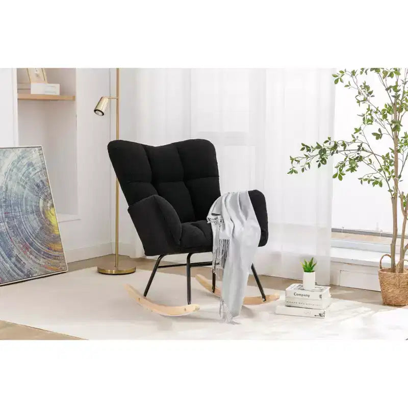 MAYEERTY Teddy Fabric Nursery Rocking Chair, Indoor Living Room Use, Black