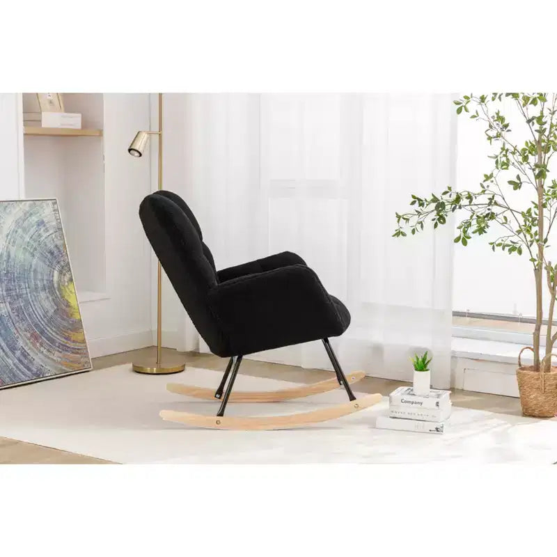 Fauteuil à bascule pour enfants en tissu Teddy, utilisation en intérieur dans le salon, noir