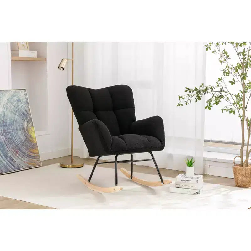 Fauteuil à bascule pour enfants en tissu Teddy, utilisation en intérieur dans le salon, noir