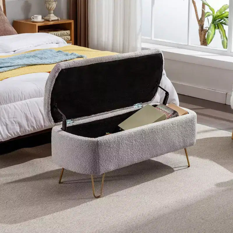 Banc de rangement ottoman en fausse fourrure, banc de lit avec rangement, pieds en métal doré, banc rembourré moderne pour le bout du lit, pour le salon, la chambre, l'entrée