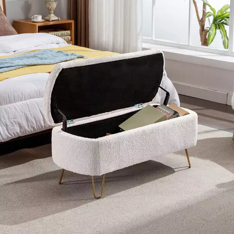 Banc de rangement ottoman en fausse fourrure, banc de lit avec rangement, pieds en métal doré, banc rembourré moderne pour le bout du lit, pour le salon, la chambre, l'entrée