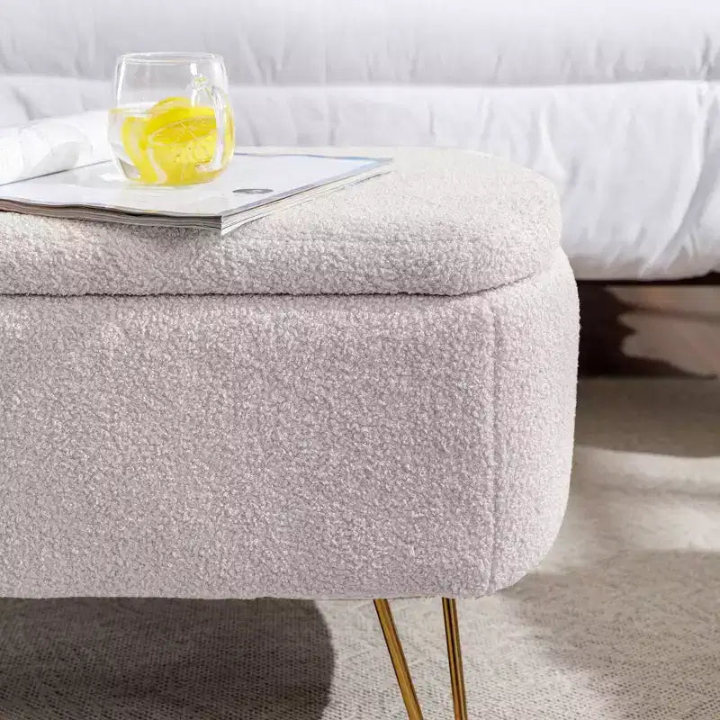 Banc de rangement ottoman en fausse fourrure, banc de lit avec rangement, pieds en métal doré, banc rembourré moderne pour le bout du lit, pour le salon, la chambre, l'entrée