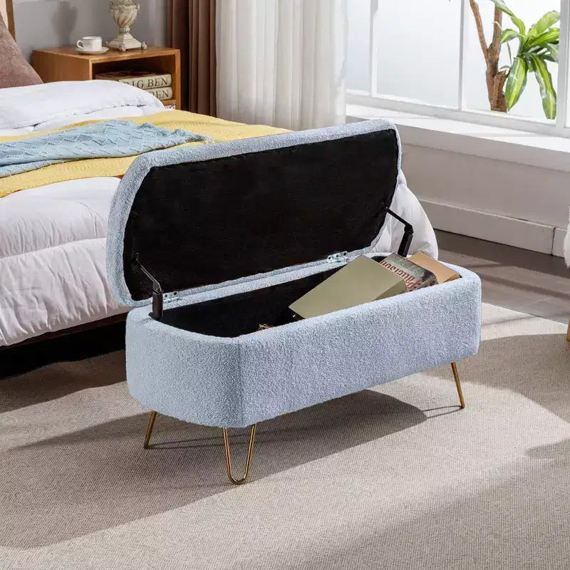 Banc de rangement ottoman en fausse fourrure, banc de lit avec rangement, pieds en métal doré, banc rembourré moderne pour le bout du lit, pour le salon, la chambre, l'entrée