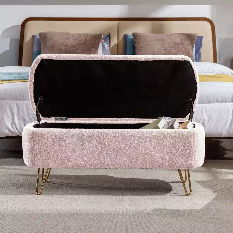 Banc de rangement ottoman en fausse fourrure, banc de lit avec rangement, pieds en métal doré, banc rembourré moderne pour le bout du lit, pour le salon, la chambre, l'entrée