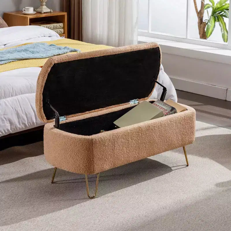 Banc de rangement ottoman en fausse fourrure, banc de lit avec rangement, pieds en métal doré, banc rembourré moderne pour le bout du lit, pour le salon, la chambre, l'entrée