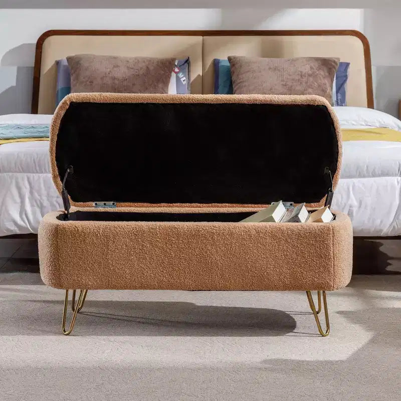 Banc de rangement ottoman en fausse fourrure, banc de lit avec rangement, pieds en métal doré, banc rembourré moderne pour le bout du lit, pour le salon, la chambre, l'entrée
