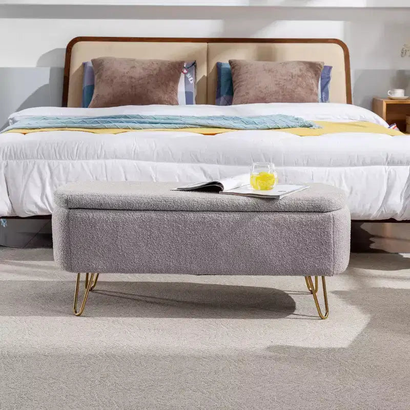 Banc de rangement ottoman en fausse fourrure, banc de lit avec rangement, pieds en métal doré, banc rembourré moderne pour le bout du lit, pour le salon, la chambre, l'entrée