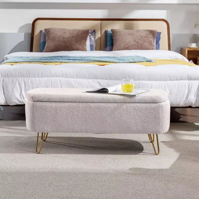 Banc de rangement ottoman en fausse fourrure, banc de lit avec rangement, pieds en métal doré, banc rembourré moderne pour le bout du lit, pour le salon, la chambre, l'entrée