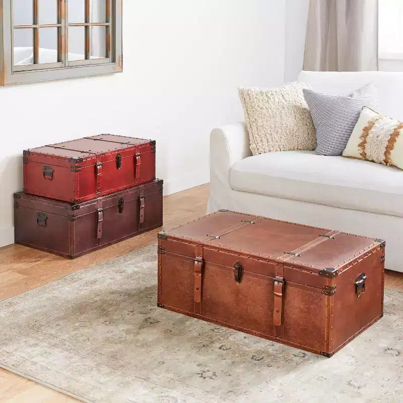 Table basse rectangulaire en simili cuir vieilli marron : solution de rangement d'inspiration vintage, aucun assemblage requis