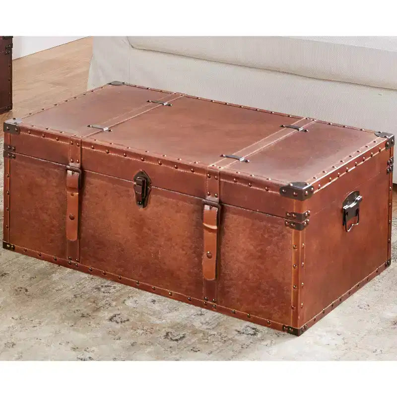 Table basse rectangulaire en simili cuir vieilli marron : solution de rangement d'inspiration vintage, aucun assemblage requis