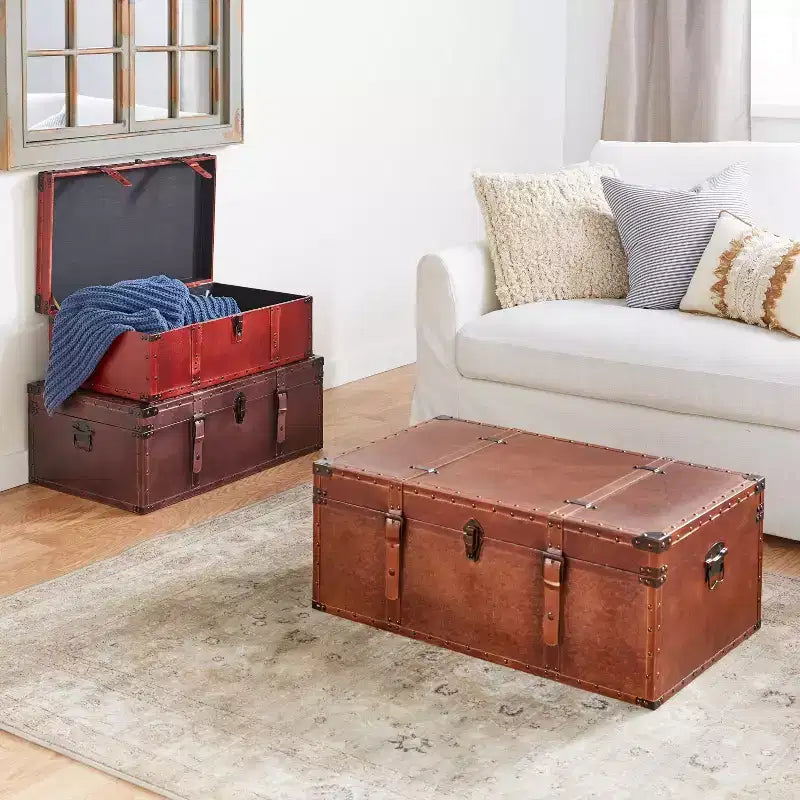 Table basse rectangulaire en simili cuir vieilli marron : solution de rangement d'inspiration vintage, aucun assemblage requis
