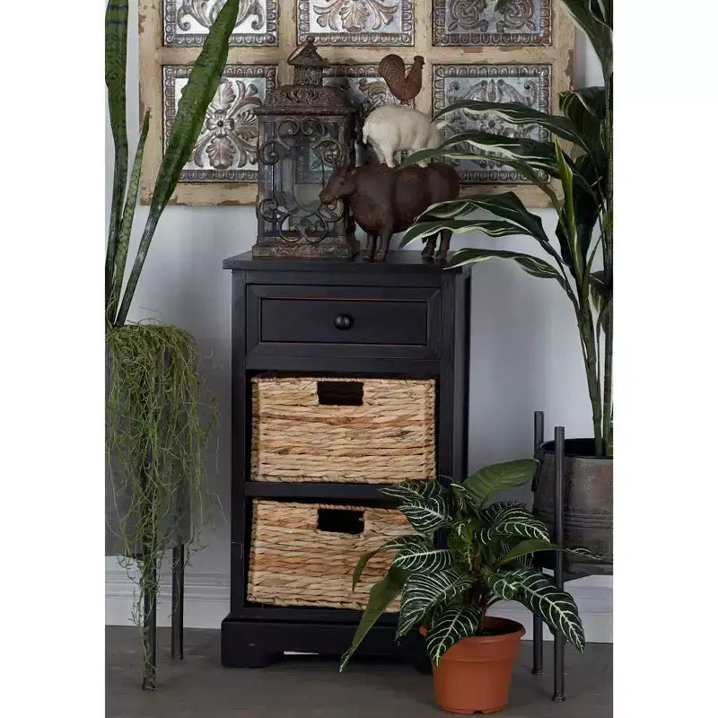 Commode en bois de style Ferme avec paniers en osier Tressé Noir; Mai: Aucun assemblage requis, Utilisation intérieure, Composite de MDF