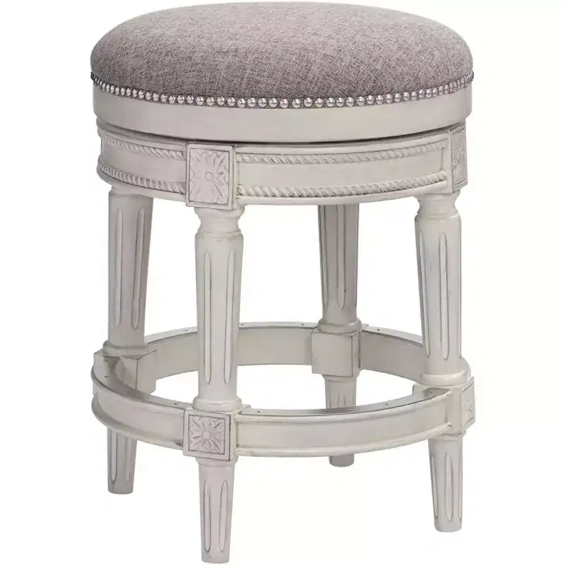 55 Downing Street Oliver Wood Swivel Bar Stool Distressed White 24 1/2 High Traditional Pewter Round Cushion with Footrest for Kitchen Counter Island