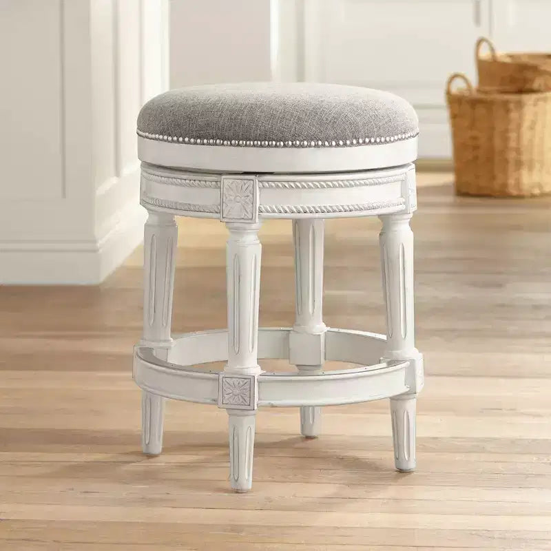55 Tabouret de bar pivotant Blanc vieilli 24 1/2 po de haut Traditionnel Étain Coussin rond avec repose-pieds pour comptoir de cuisine ou îlot